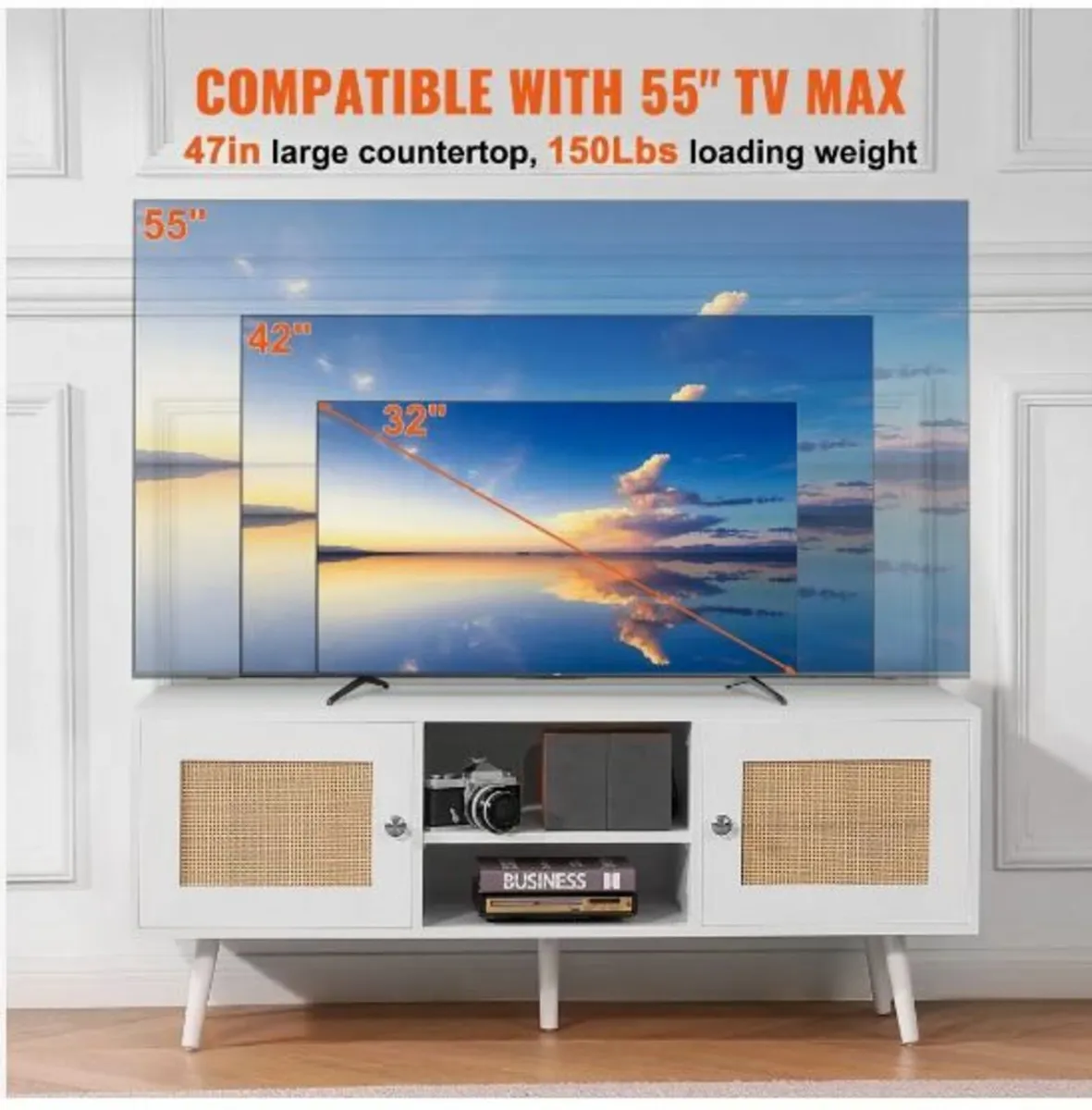 Rattan TV Stand, Boho TV Cabinet for 55 - Image 2