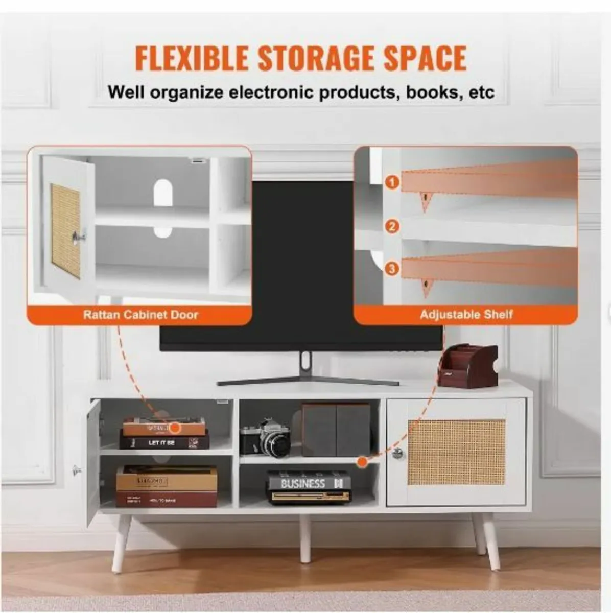 Rattan TV Stand, Boho TV Cabinet for 55 - Image 3