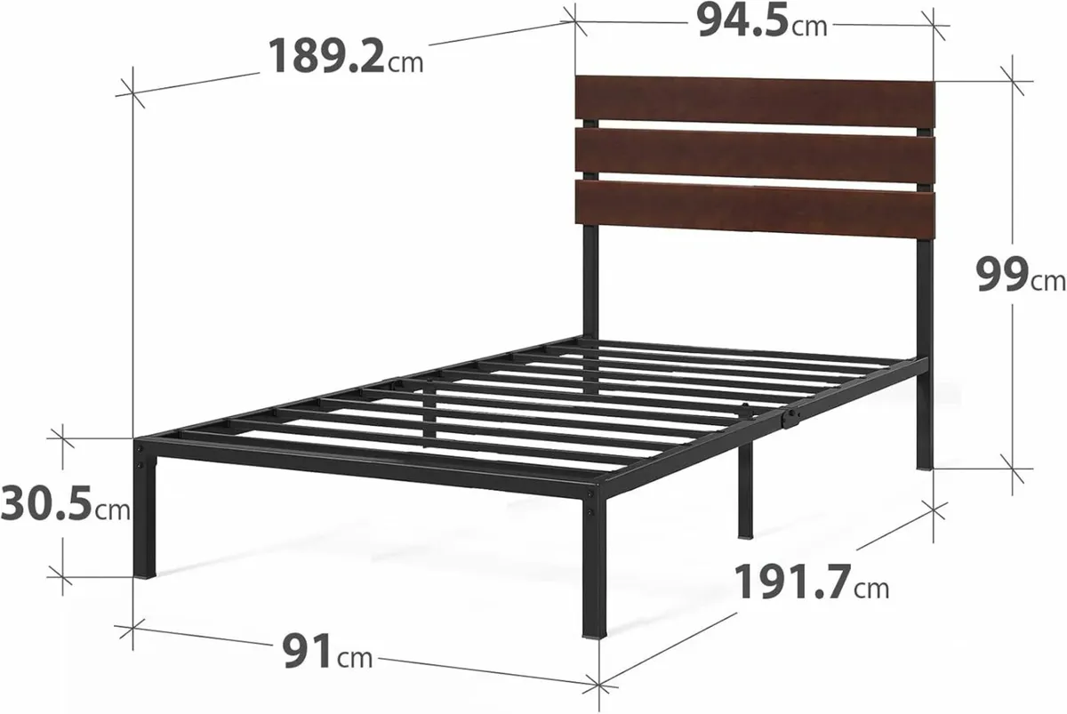 Single Bed frame 90x190 cm Headboard Brown Black - Image 2