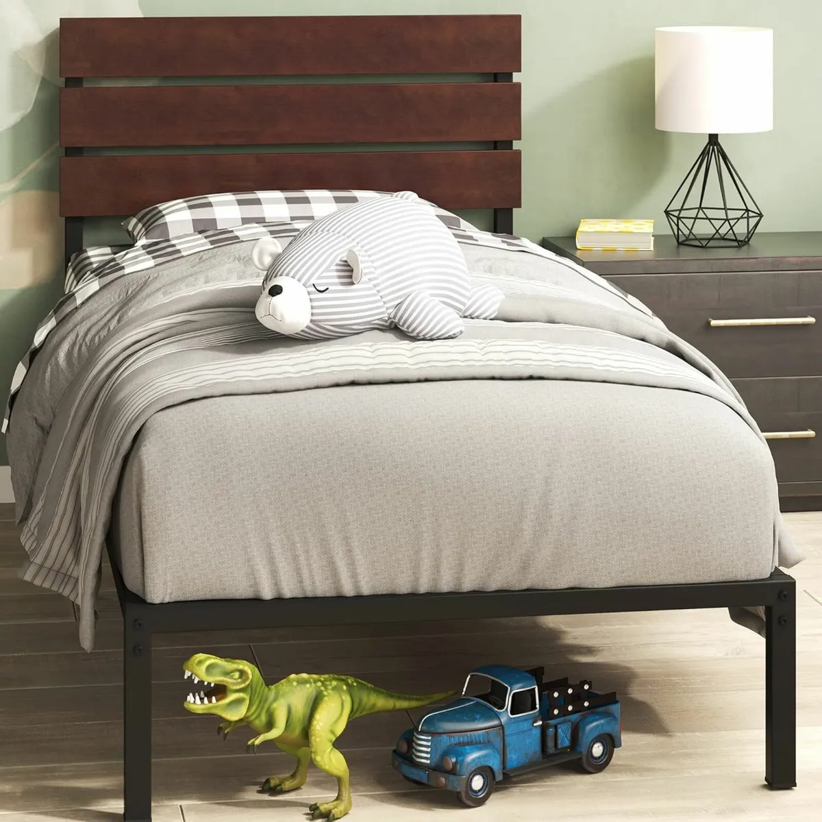Single Bed frame 90x190 cm Headboard Brown Black - Image 4