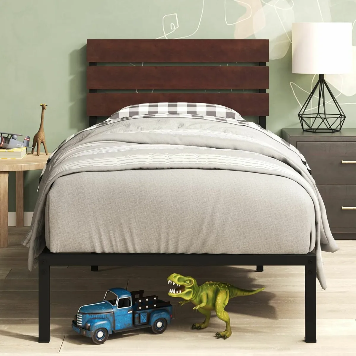 Single Bed frame 90x190 cm Headboard Brown Black - Image 1
