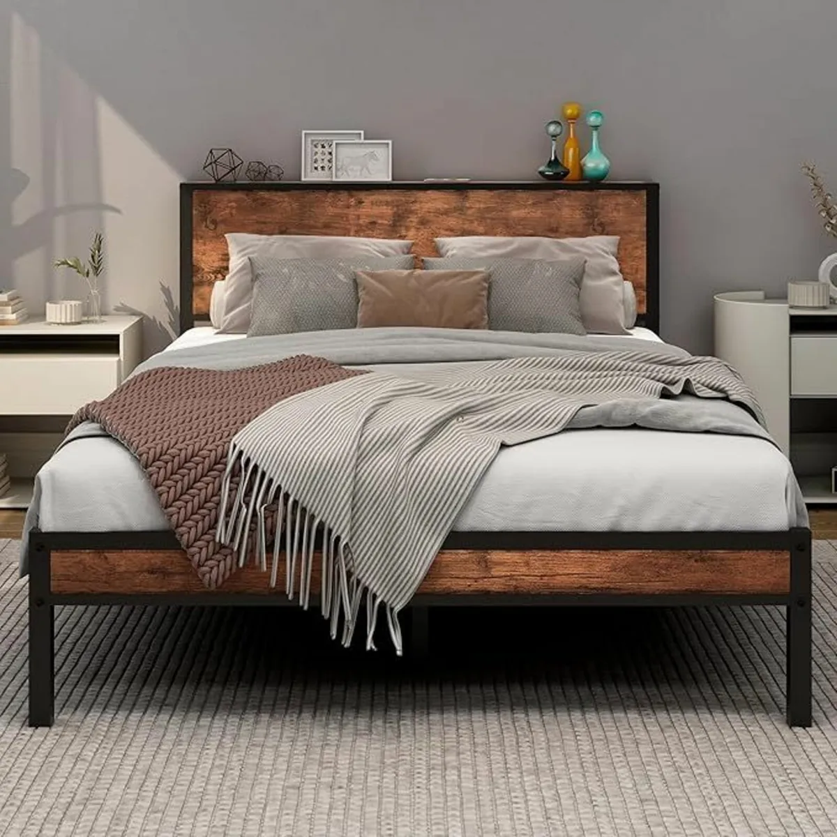 Double Bed Frame Wooden Storage Headboard135x190cm - Image 1