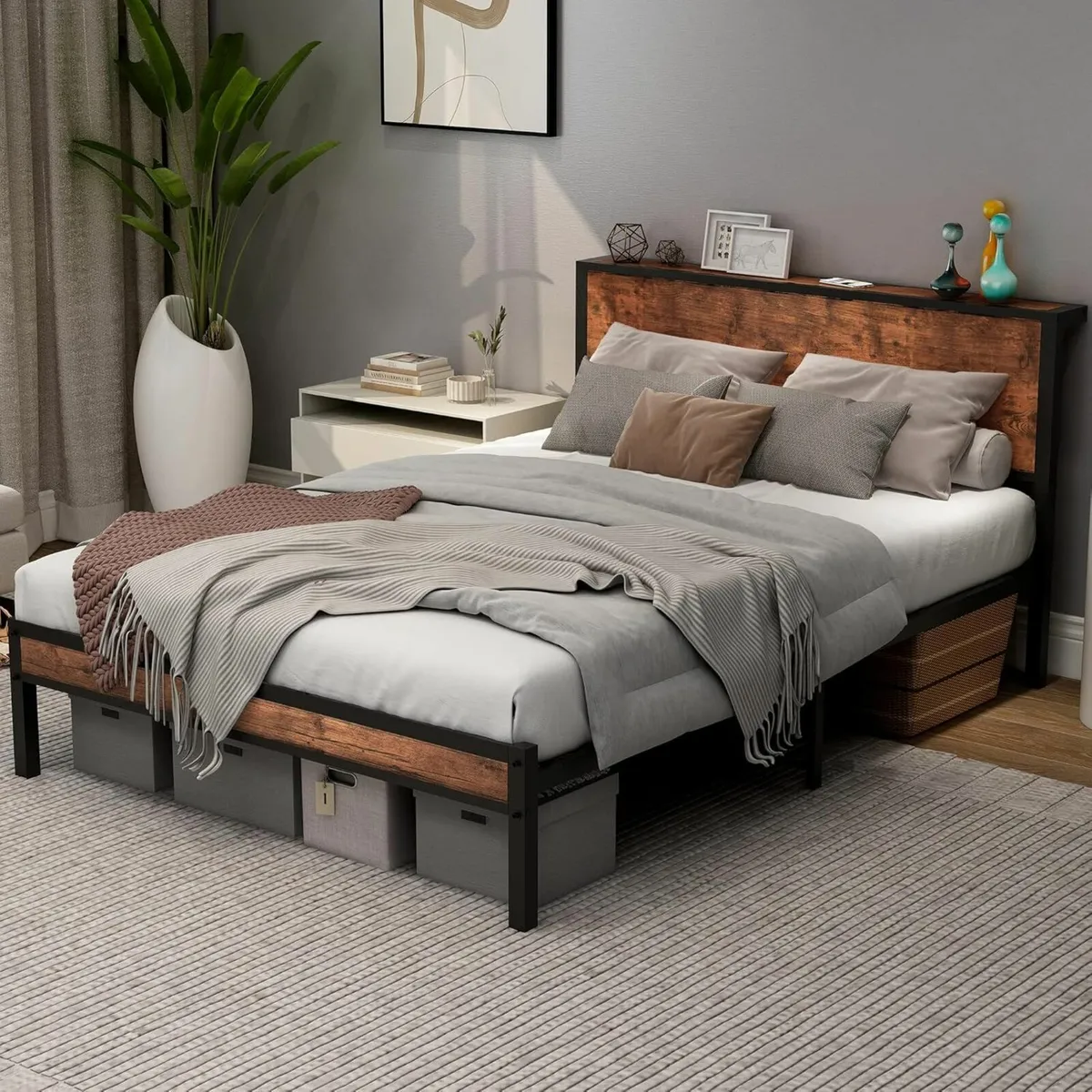 Double Bed Frame Wooden Storage Headboard135x190cm - Image 4
