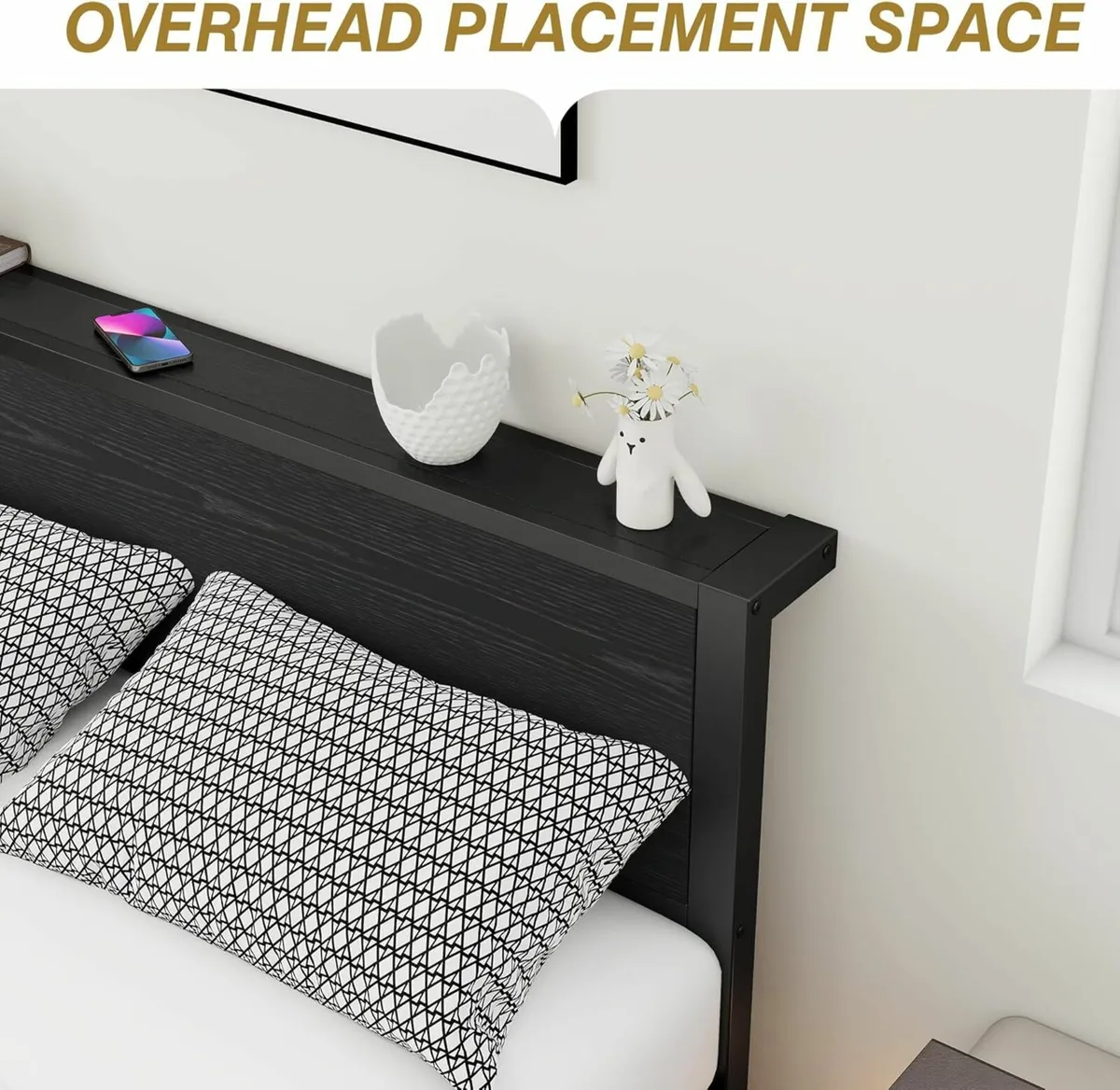 Double Bed Frame  Wooden Headboard Black 135x190cm - Image 4