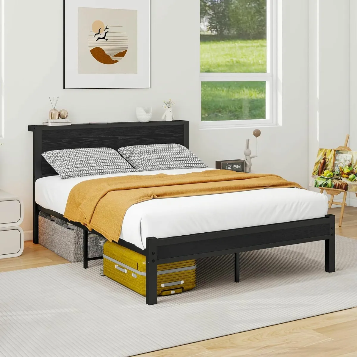 Double Bed Frame  Wooden Headboard Black 135x190cm - Image 1
