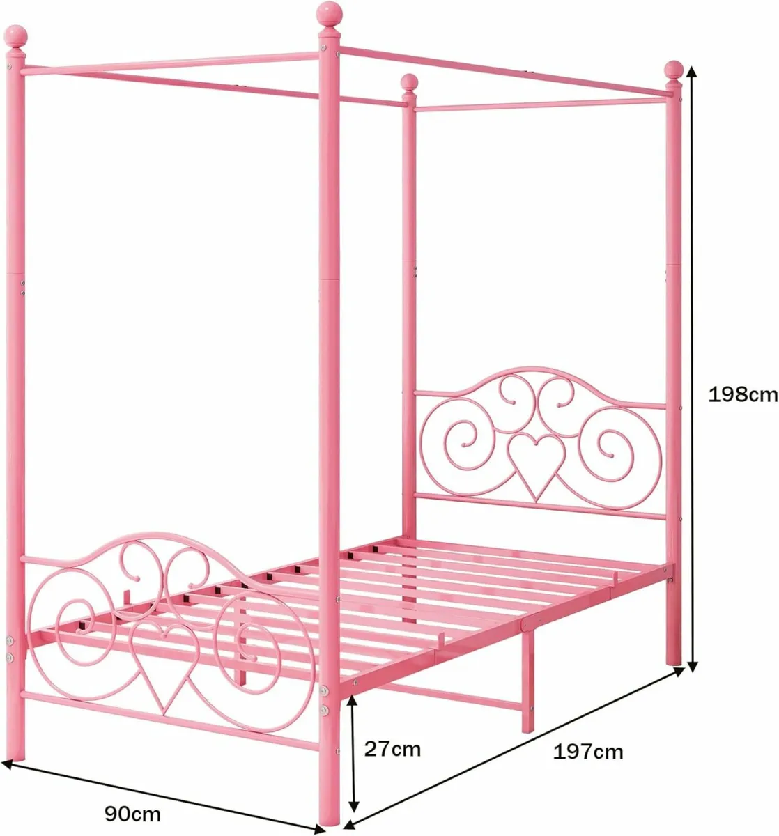 Single Canopy Bed Frame Kids Girl 90x190cm Pink - Image 2