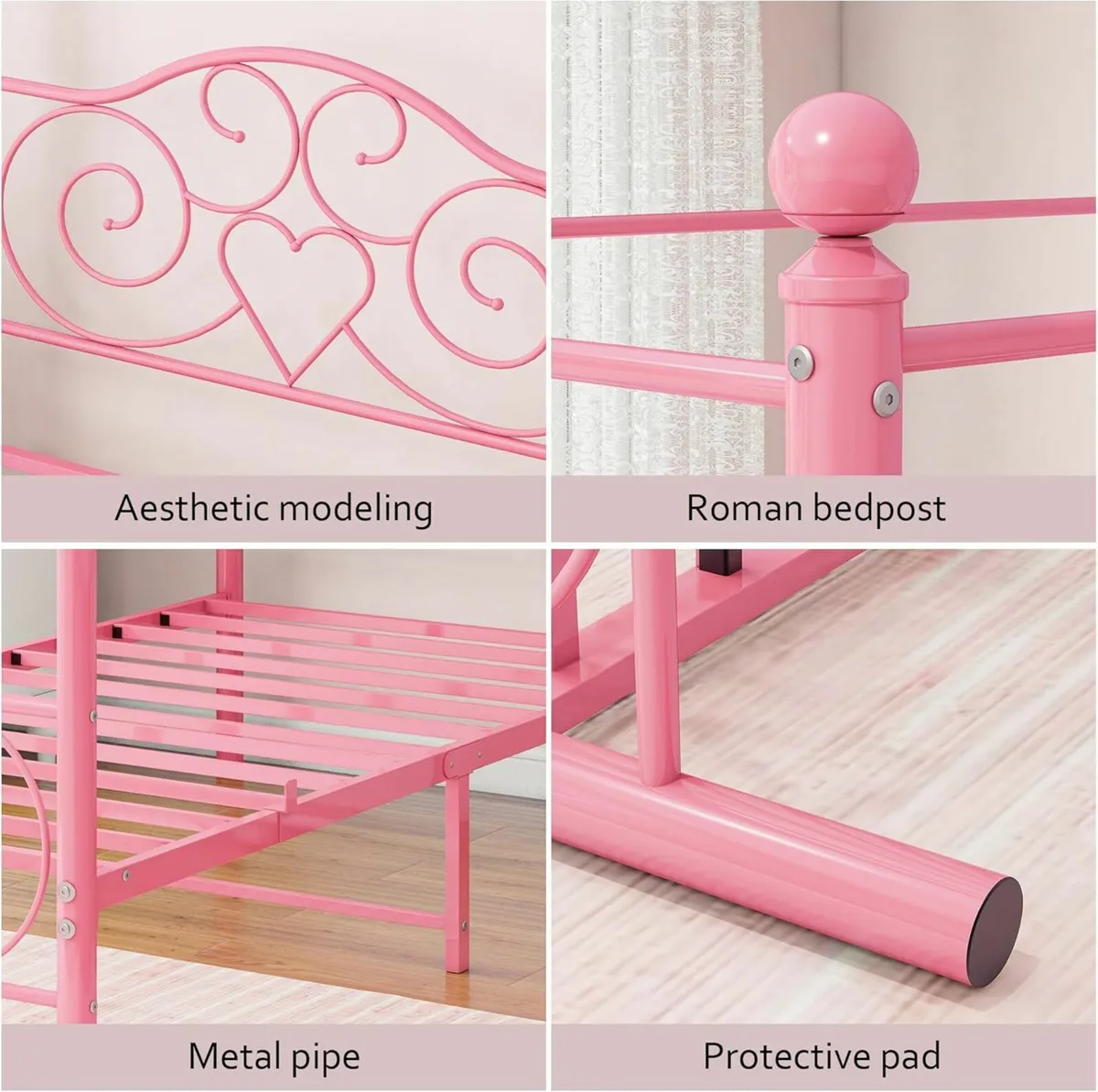 Single Canopy Bed Frame Kids Girl 90x190cm Pink - Image 3