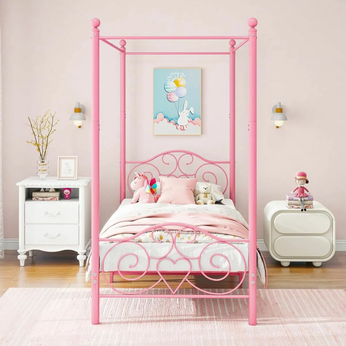 Single Canopy Bed Frame Kids Girl 90x190cm Pink - Image 1