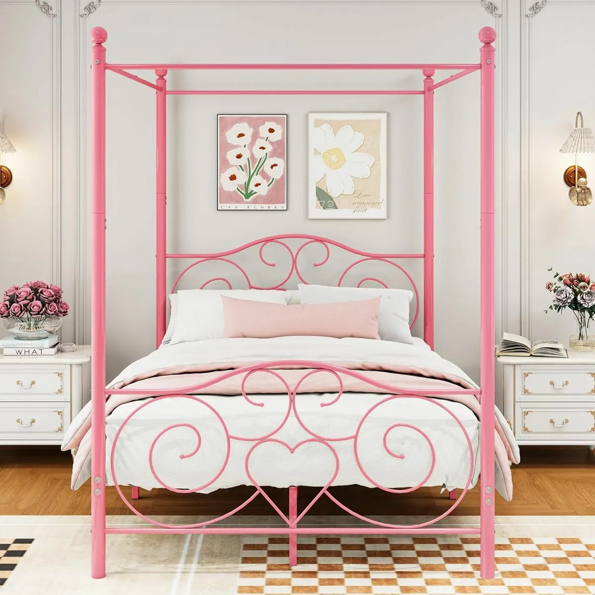 King Bed Frame Canopy150x200cm Pink Princess Girl - Image 1