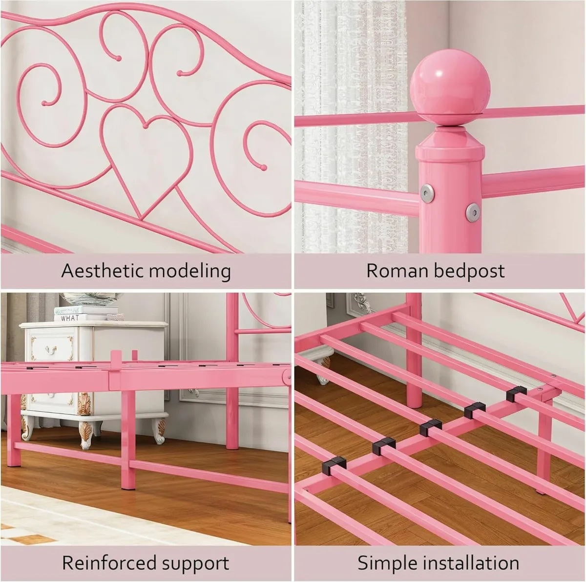 King Bed Frame Canopy150x200cm Pink Princess Girl - Image 4