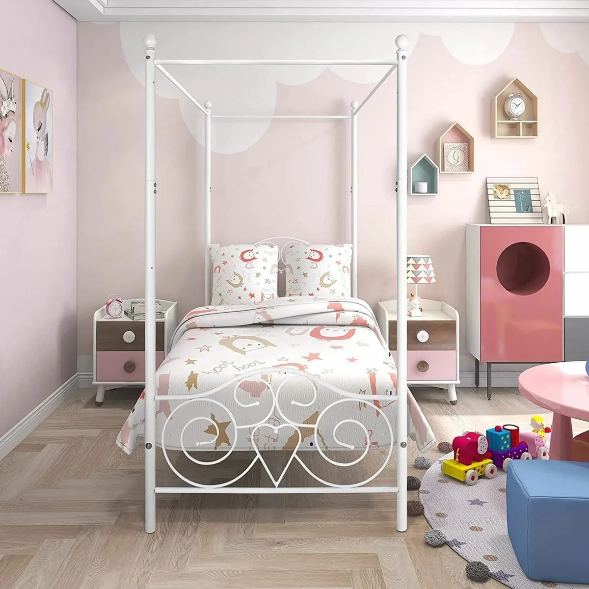 Single Canopy Bed Frame 90x190cm White Headboard - Image 1