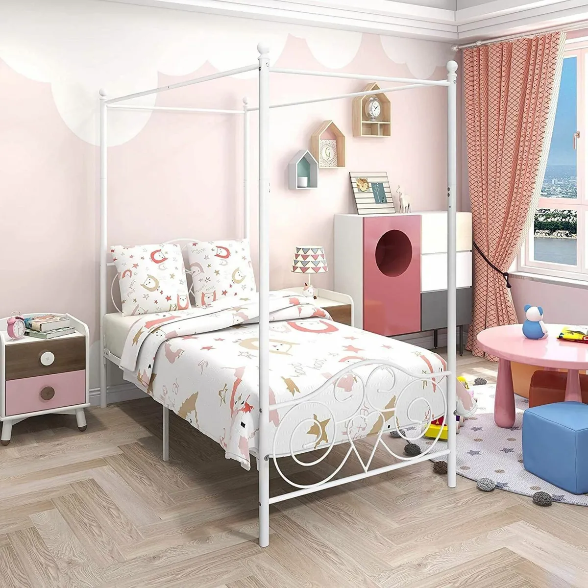 Single Canopy Bed Frame 90x190cm White Headboard - Image 3