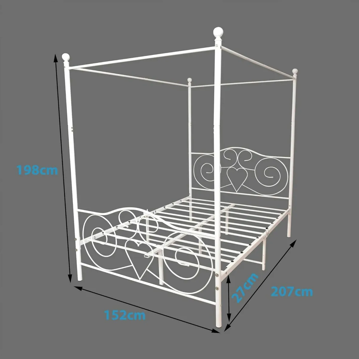 King Canopy Bed Frame Headboard White 150x200cm - Image 2