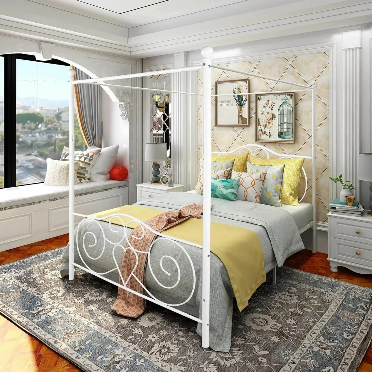King Canopy Bed Frame Headboard White 150x200cm - Image 3