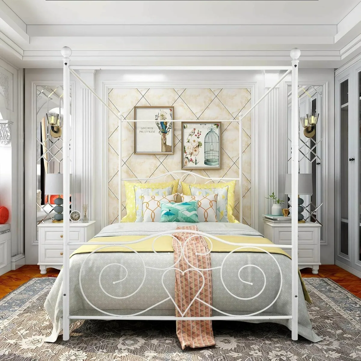 King Canopy Bed Frame Headboard White 150x200cm - Image 4