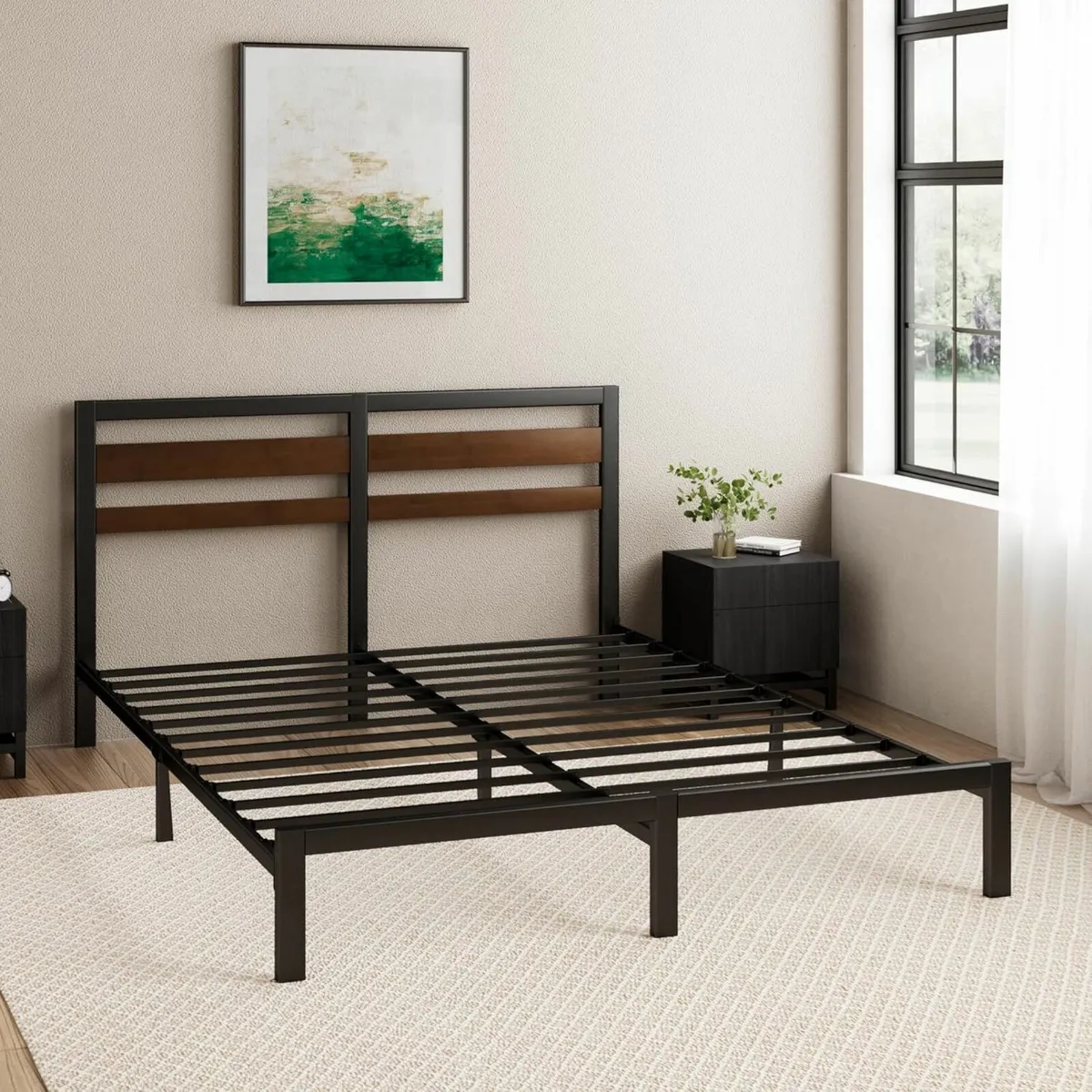 Double Bed Frame 135x190 cm  Headboard Black Brown - Image 3