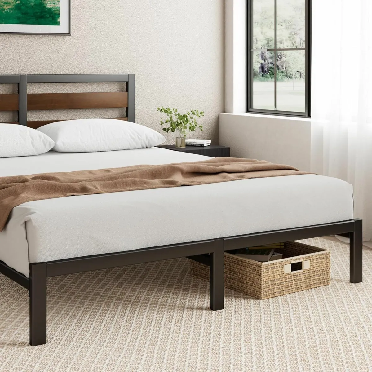 Double Bed Frame 135x190 cm  Headboard Black Brown - Image 4