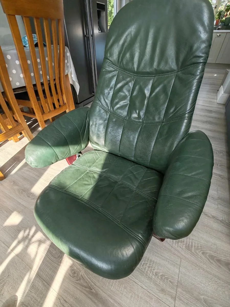 Green leather lounge chair and footstool - Image 2