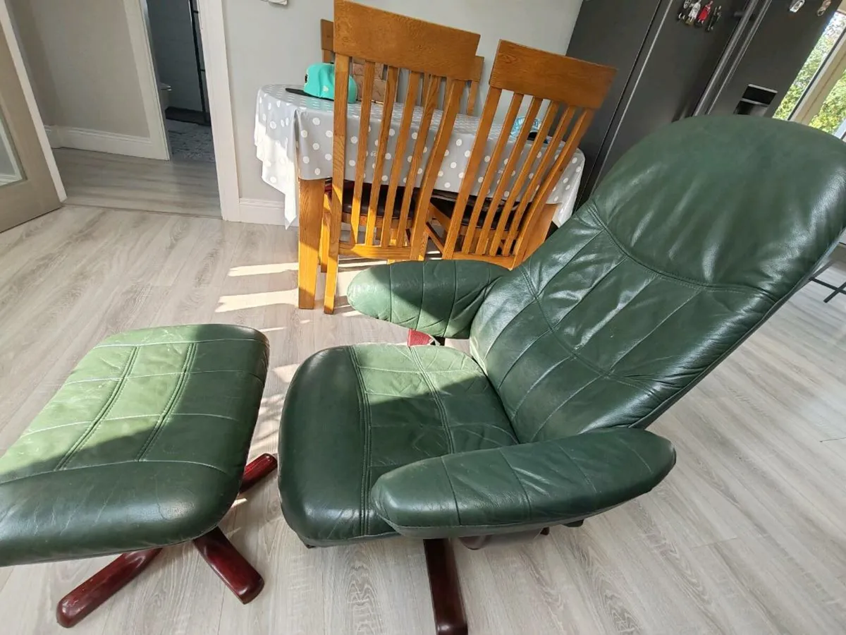 Green leather lounge chair and footstool - Image 3