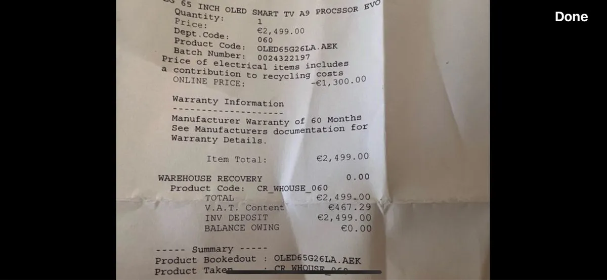 LG Oled 65 inch G2 model 2 yr warranty receipt - Image 2
