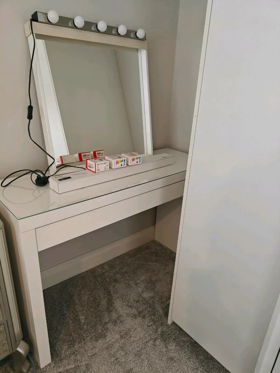 Ikea malm makeup desk, mirror and lights - Image 1