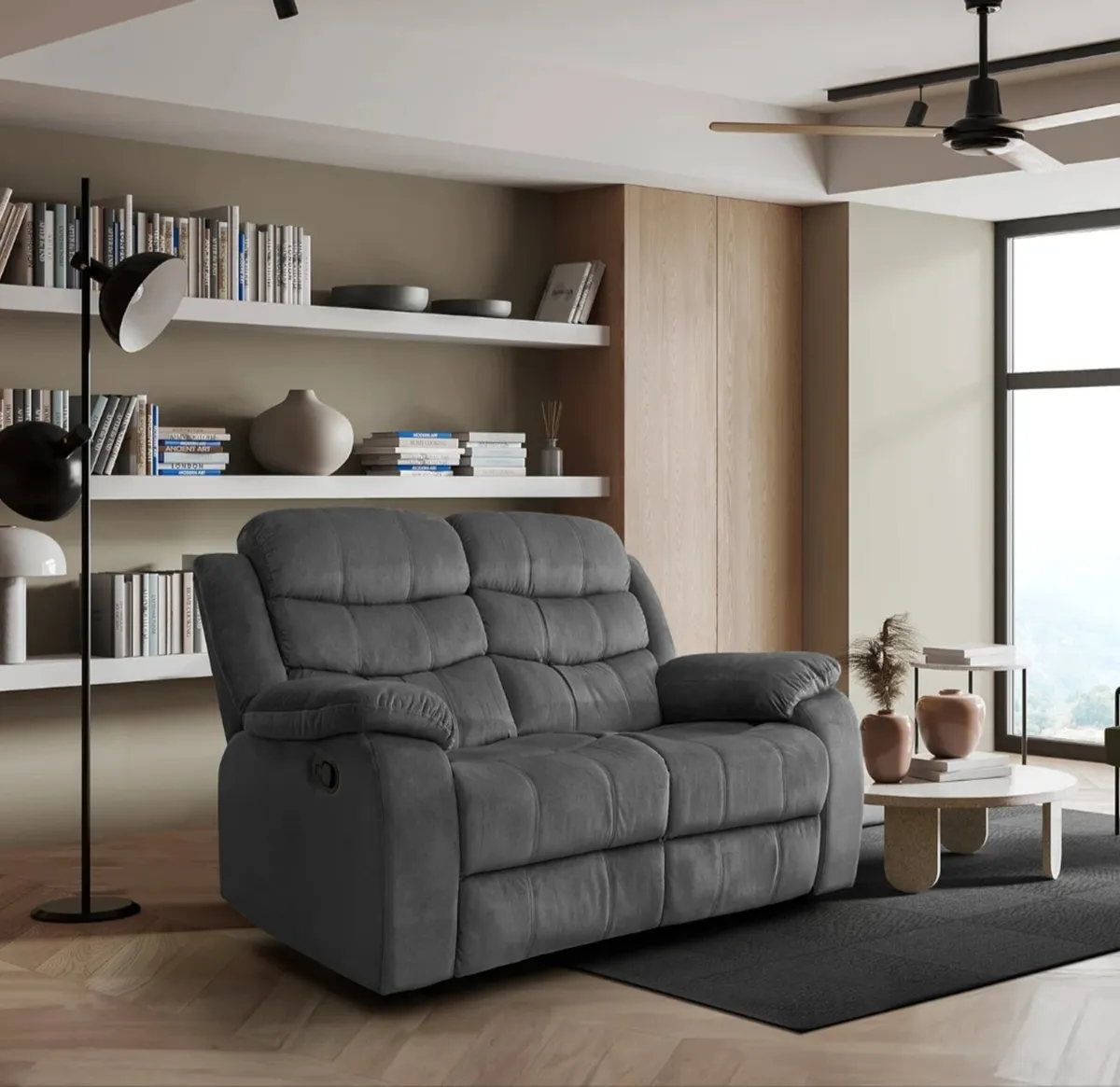 2 Seater Fabric Recliner Sofa - Grey & Brown - Image 1