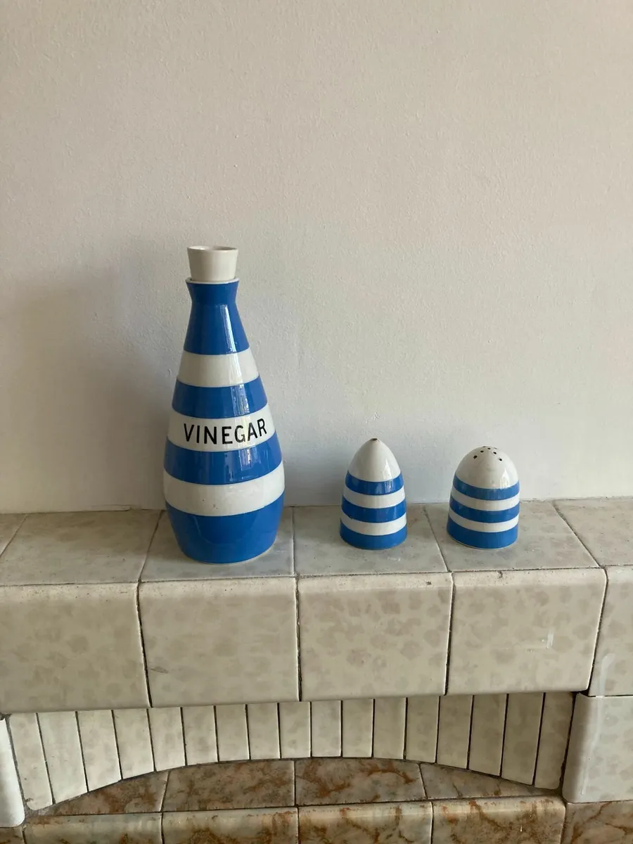Cornishware -Vinegar Jar and Salt & Pepper-Vintage - Image 1