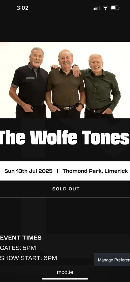 Wolfetones tickets x2 seated Sunday