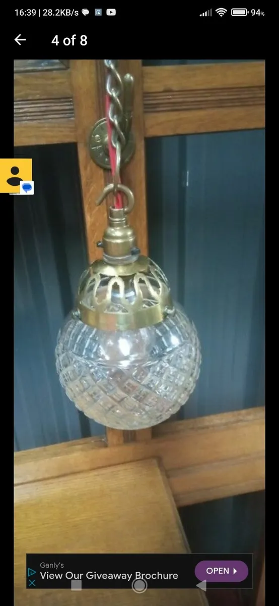 Antique Pendant Light, Brass Gallery & Chain - Image 1