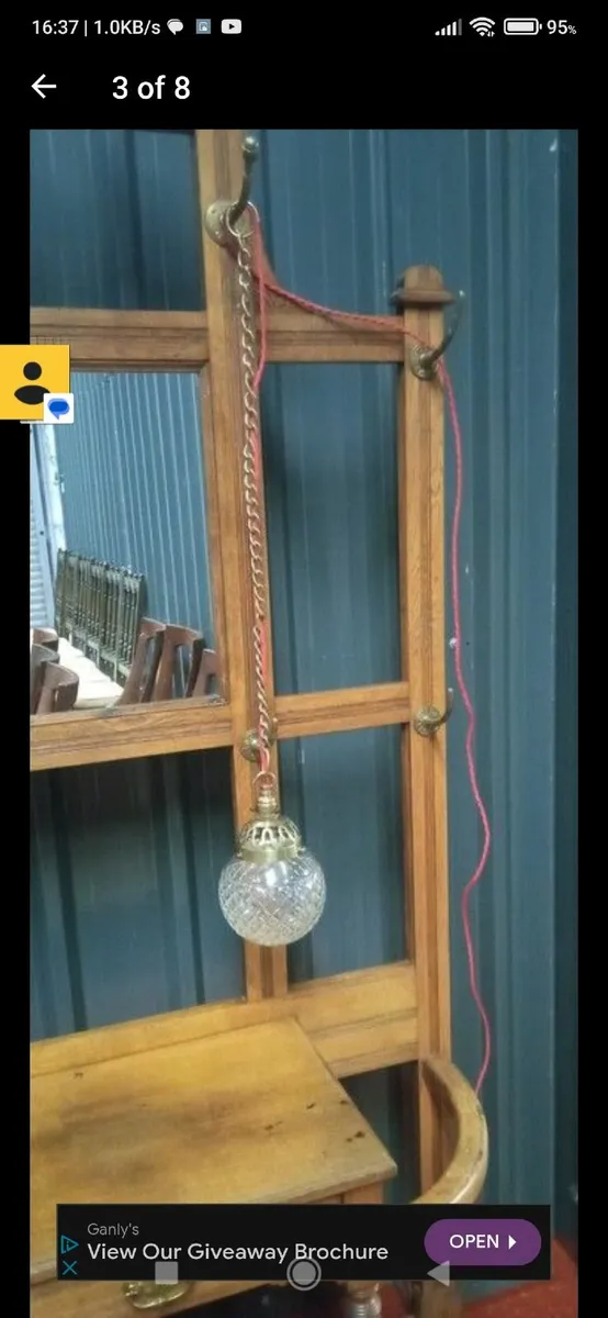 Antique Pendant Light, Brass Gallery & Chain - Image 3
