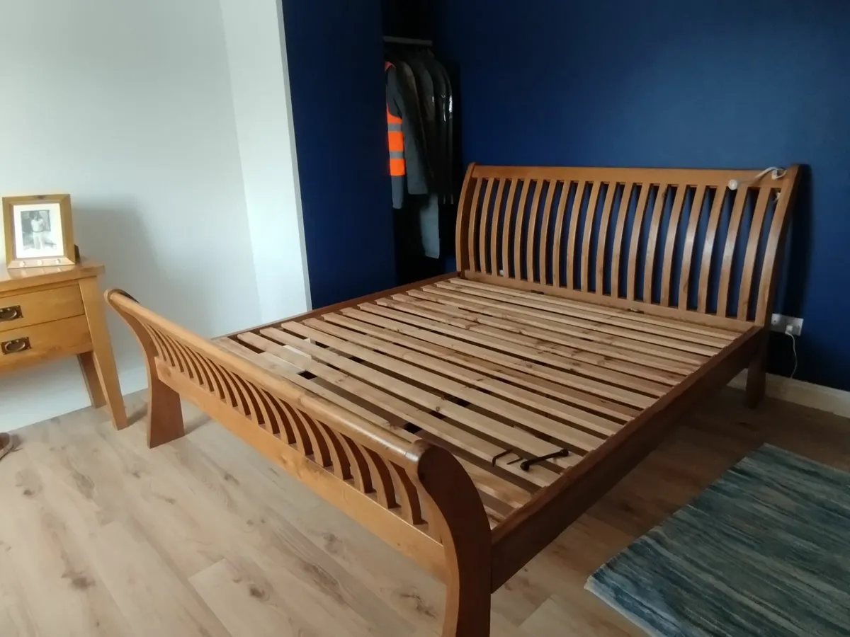 Super King Oak bed with mattress - Image 1