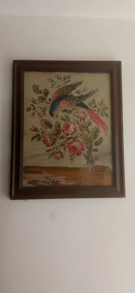 Lovely Antique Framed Embroidered Tapestry - Image 1