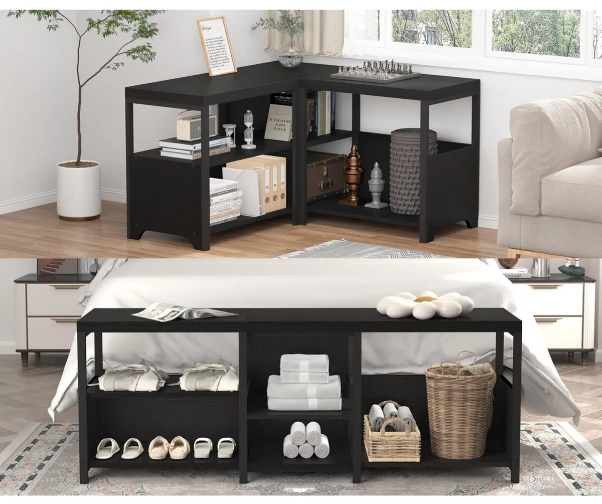 Black Bench, Long Entryway Bench with Shoe Storage - Image 3