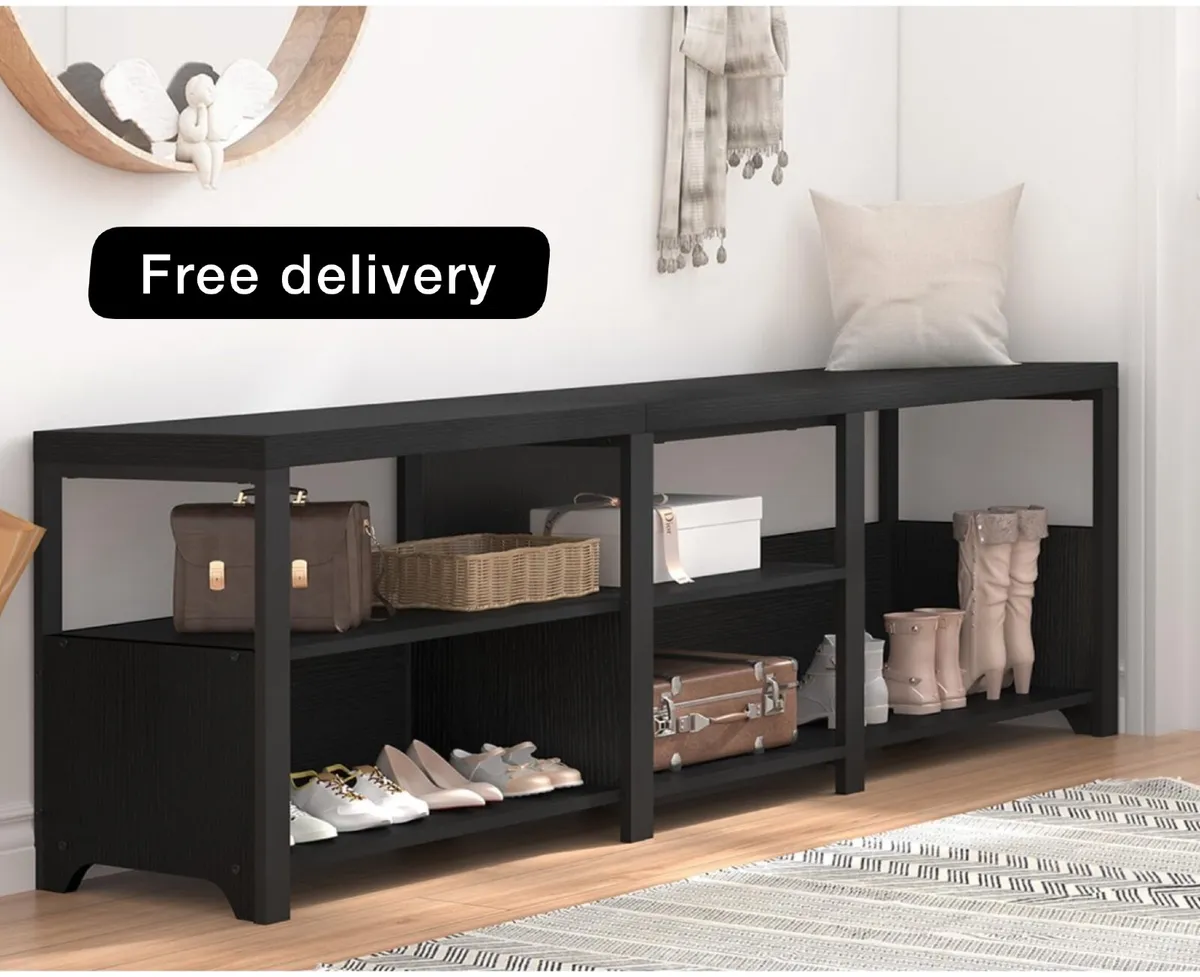 Black Bench, Long Entryway Bench with Shoe Storage - Image 1