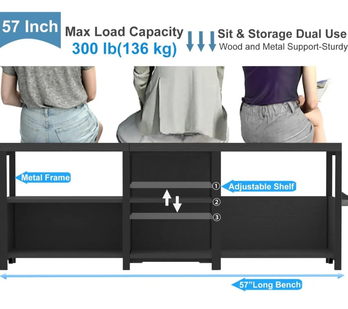 Black Bench, Long Entryway Bench with Shoe Storage - Image 3