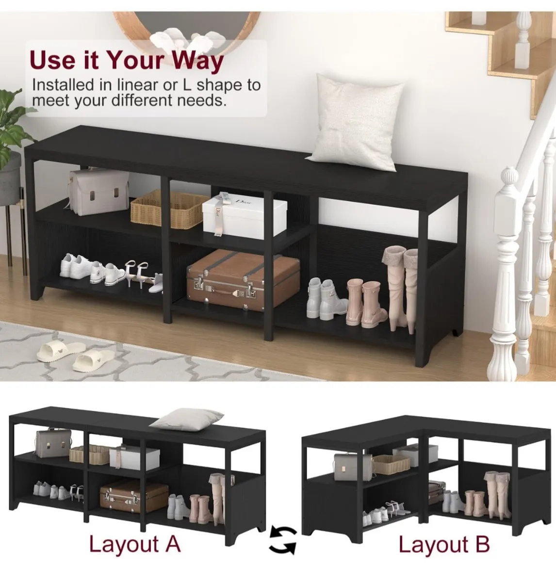 Black Bench, Long Entryway Bench with Shoe Storage - Image 4