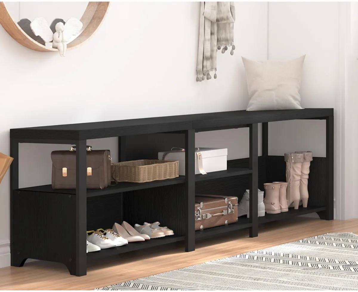Black Bench, Long Entryway Bench with Shoe Storage - Image 1