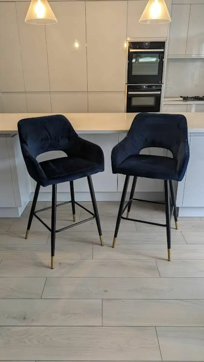 2 Velvet-Touch Navy Blue Bar Stools - Image 2