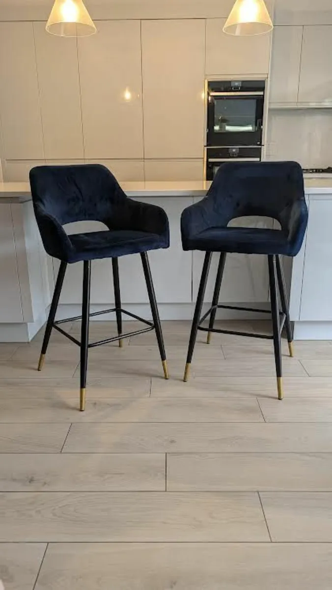2 Velvet-Touch Navy Blue Bar Stools - Image 1