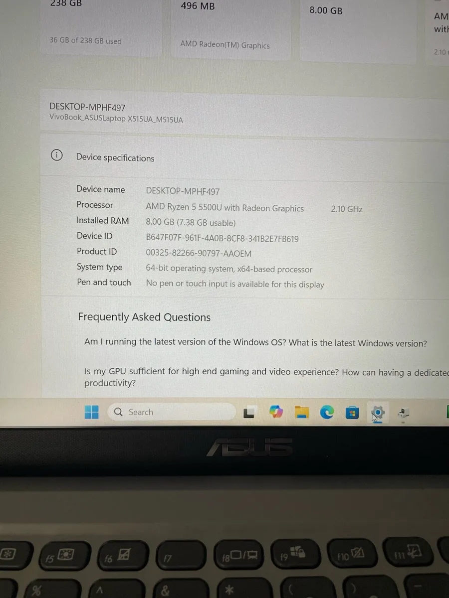 Asus Ryzen 5 8gb 256 ssd win 11 - Image 4