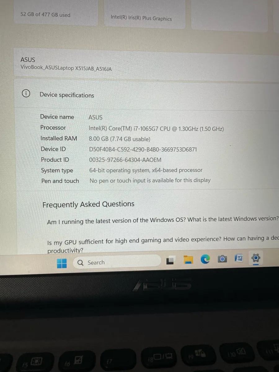 Asus laptop i7 pro 8gb 512 ssd win 11 - Image 4