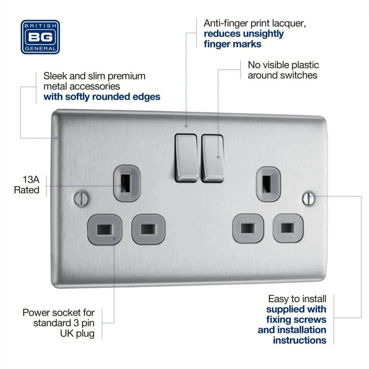 2x BG Nexus Brushed Steel NBS22G Double Socket Switched - Image 2
