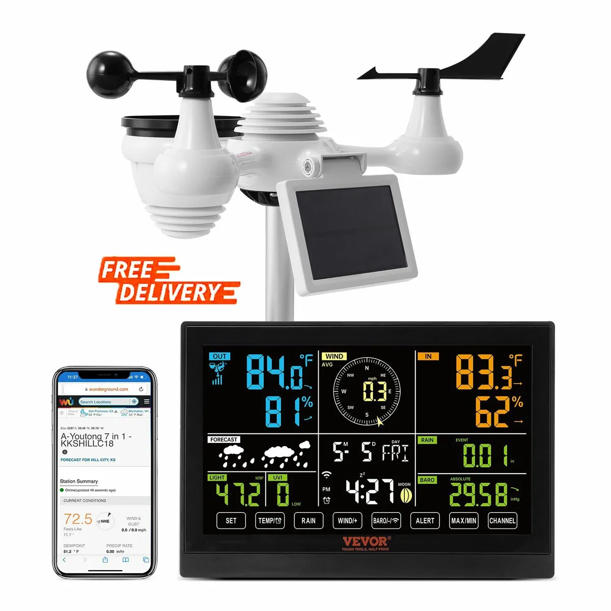 7-in-1 Wi-Fi Weather Station, 7.5 in Color Display - Image 2