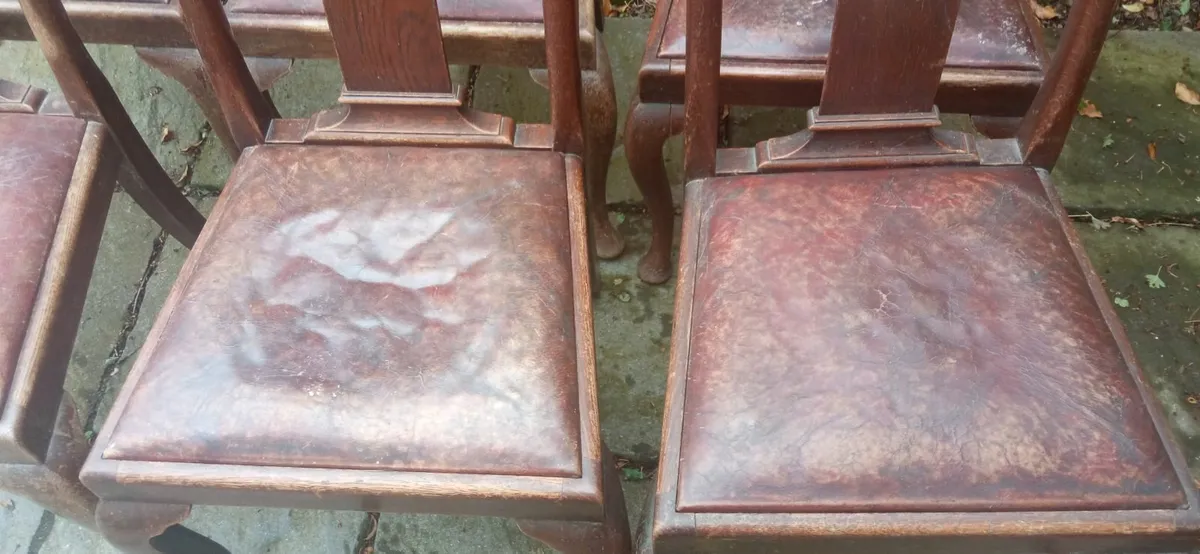 6 Antique Queen Anne Chairs, Original Leather Seat - Image 4