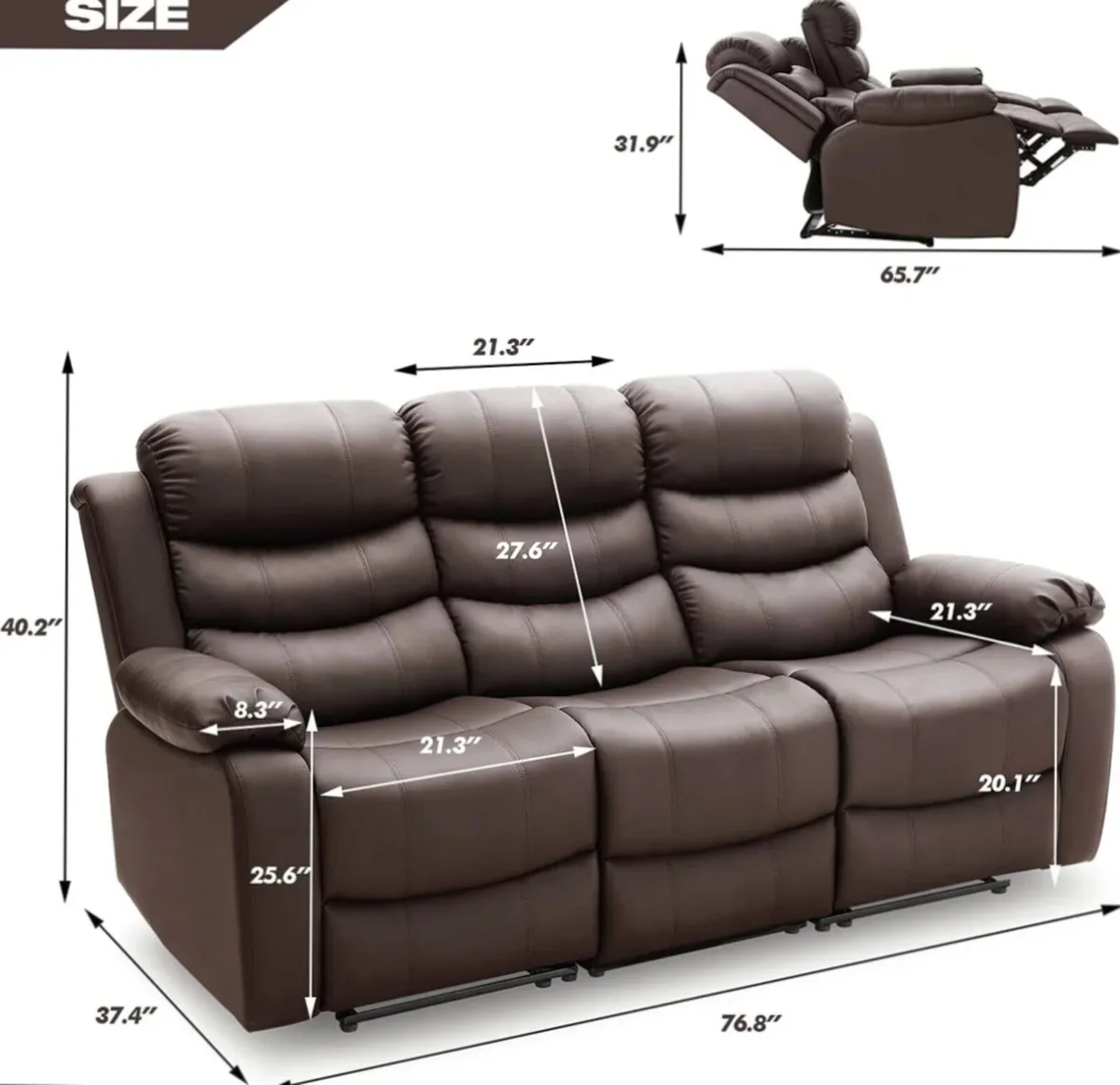 3 Seater Sofa Recliner – Brown Leather Finish - Image 3