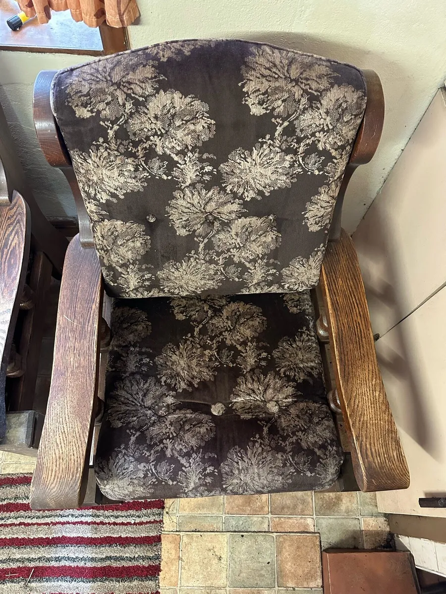 Vintage Solid Oak Armchair – Floral Upholstery - Image 1