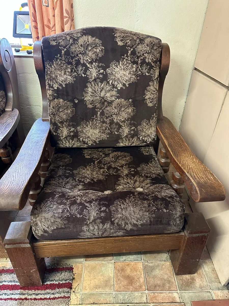 Vintage Solid Oak Armchair – Floral Upholstery - Image 2