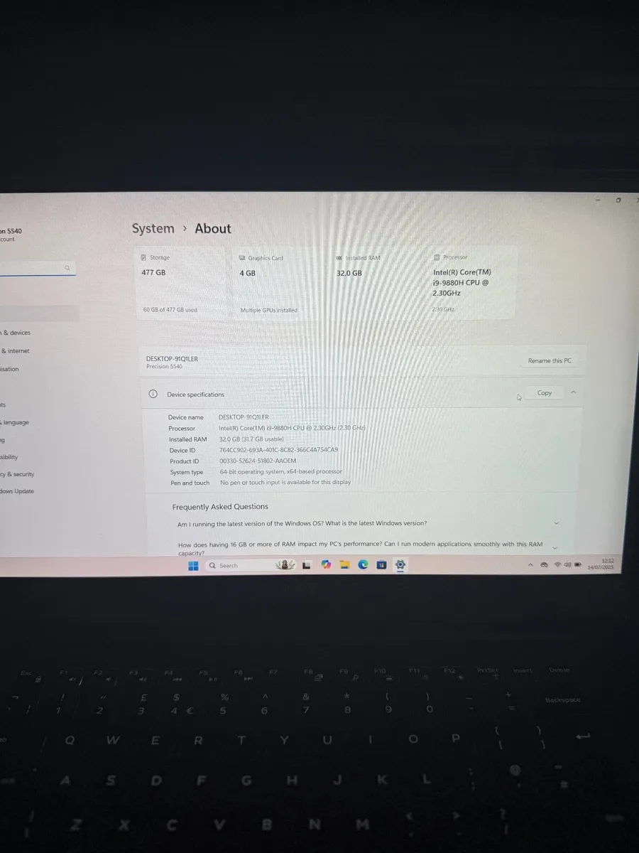 Dell Precision 5540 Laptop i9/32GB/512SSD/Nvidia - Image 2