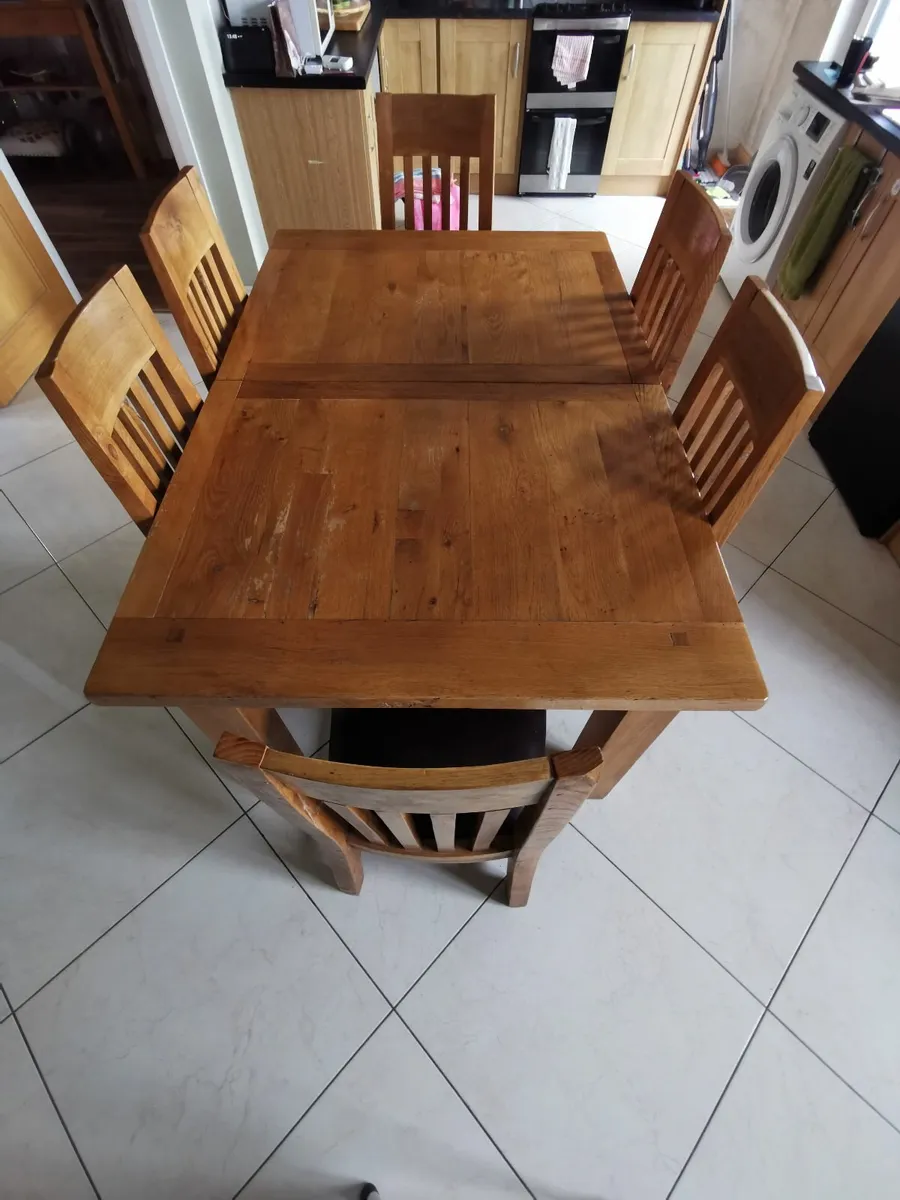 Extendable Reclaimed Oak Kitchen Table & 6 Chairs - Image 3