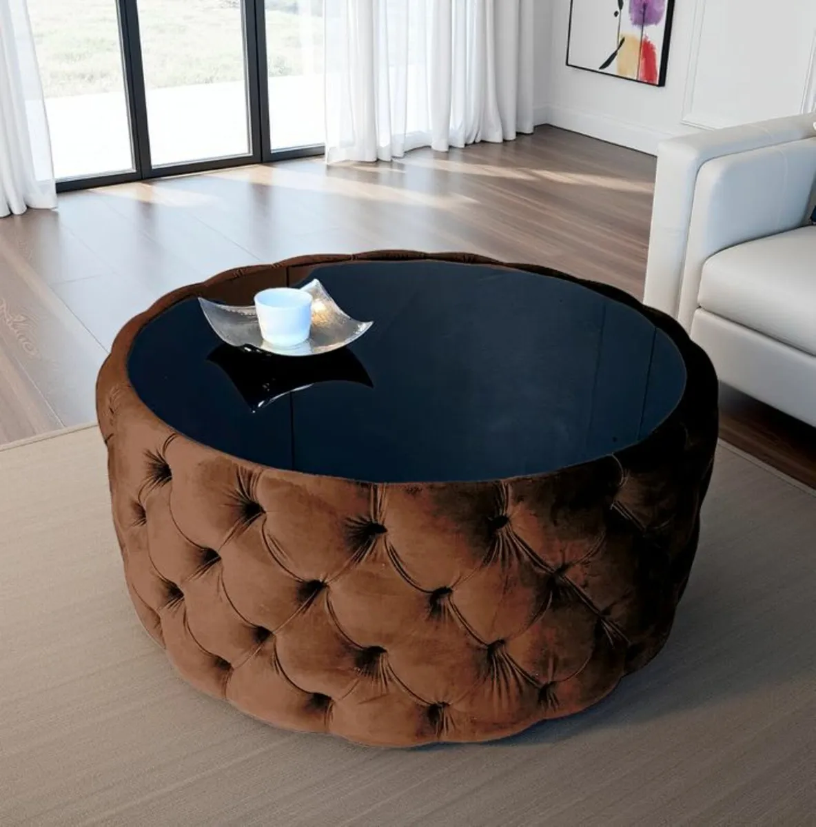 Round Velvet Coffee Table Button-Tufted 80cm - Image 2